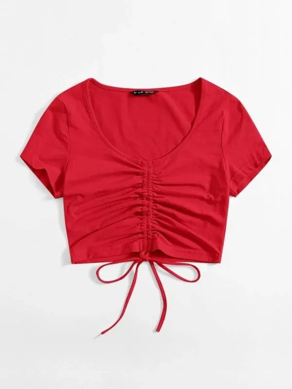 SOLID DRAWSTRING RUCHED TEE