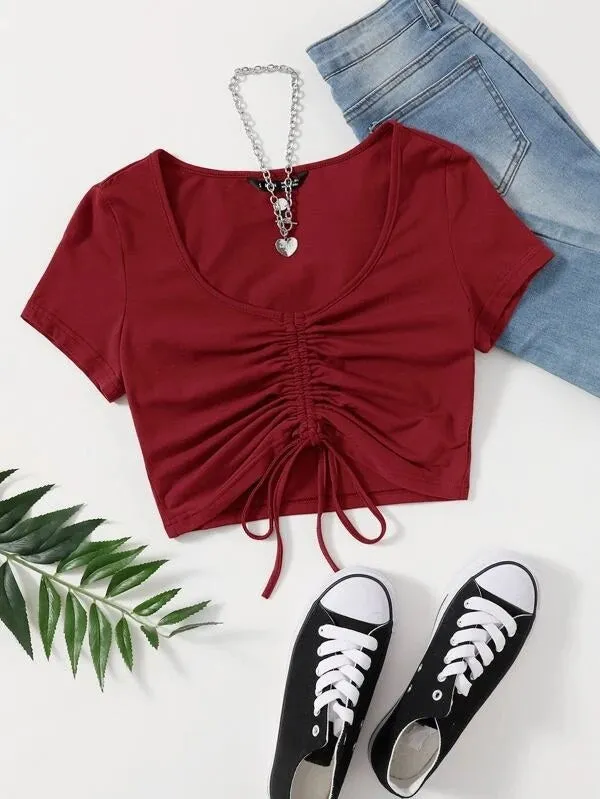 SOLID DRAWSTRING RUCHED TEE