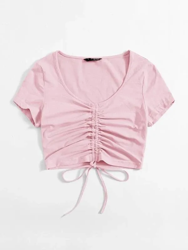 SOLID DRAWSTRING RUCHED TEE
