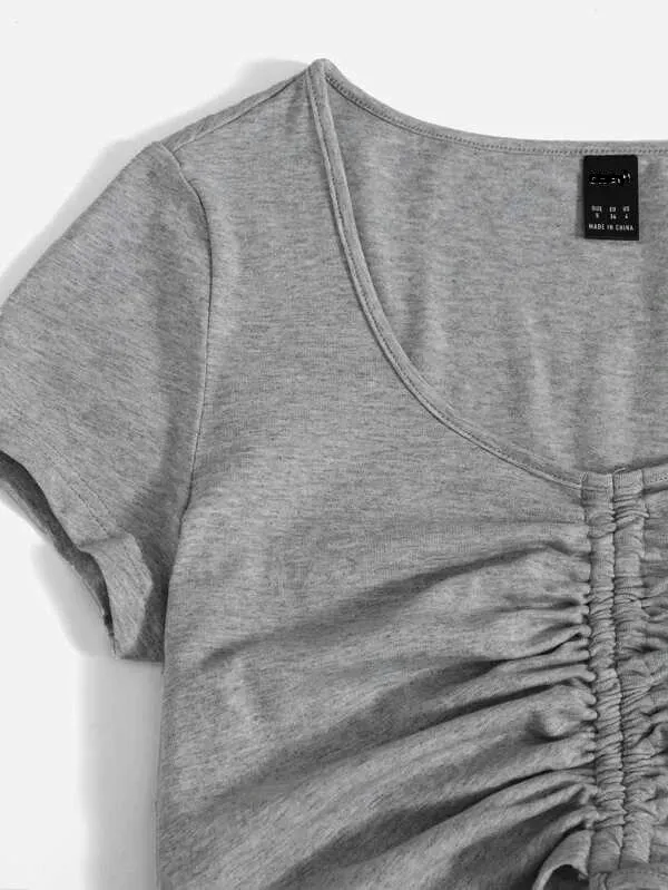 SOLID DRAWSTRING RUCHED TEE