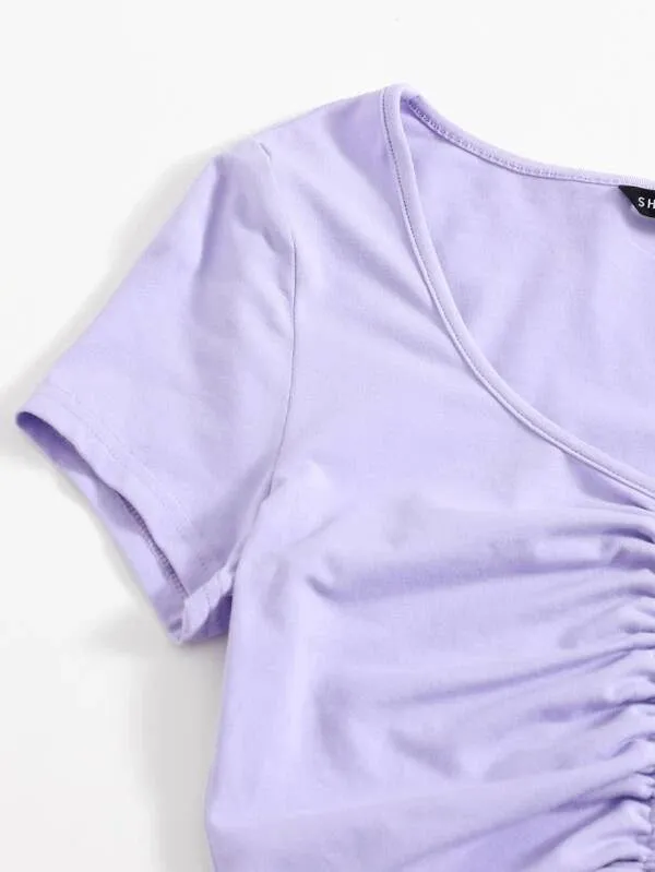 SOLID DRAWSTRING RUCHED TEE