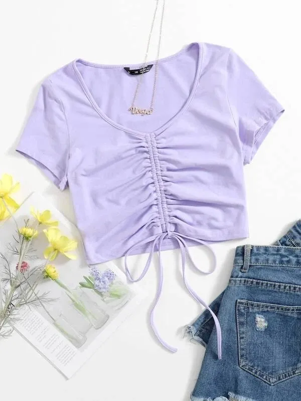 SOLID DRAWSTRING RUCHED TEE