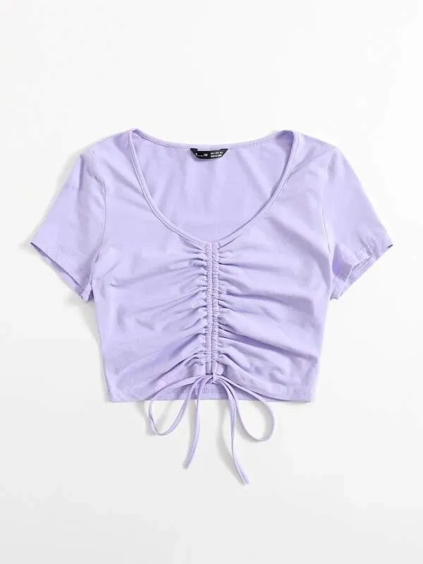 SOLID DRAWSTRING RUCHED TEE