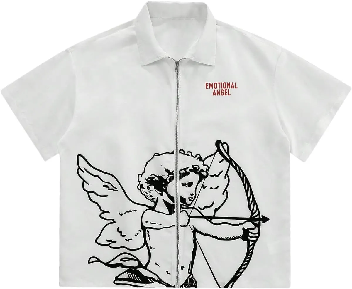 SOLY HUX Men's Summer Zip Up Graphic Tees Short Sleeve Hawaiian Tshirts Lapel Collar Tops