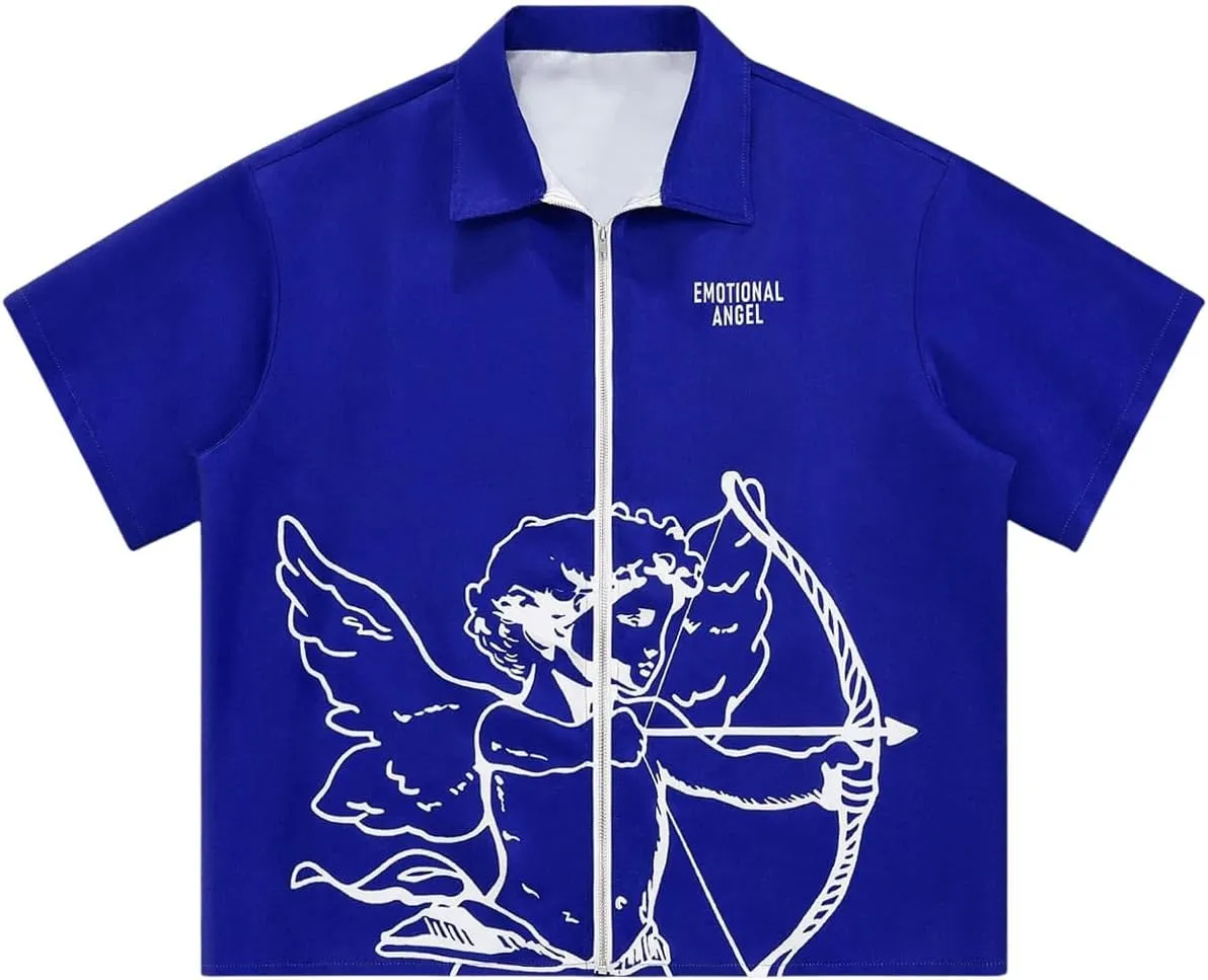 SOLY HUX Men's Summer Zip Up Graphic Tees Short Sleeve Hawaiian Tshirts Lapel Collar Tops