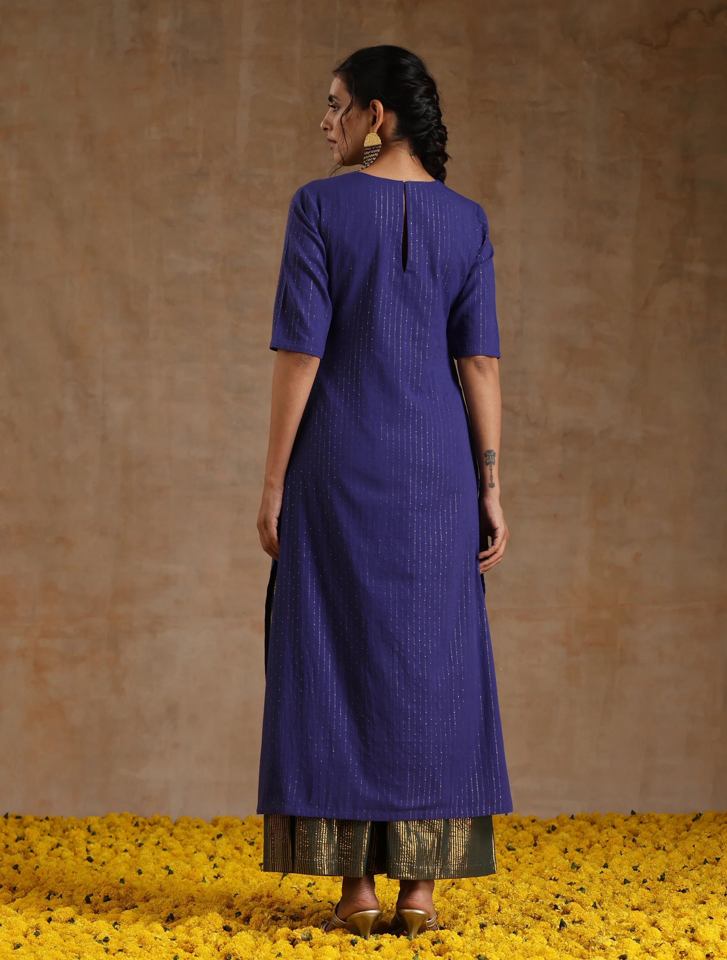 Spectrum Blue Gold Cotton High Slit Kurta Set