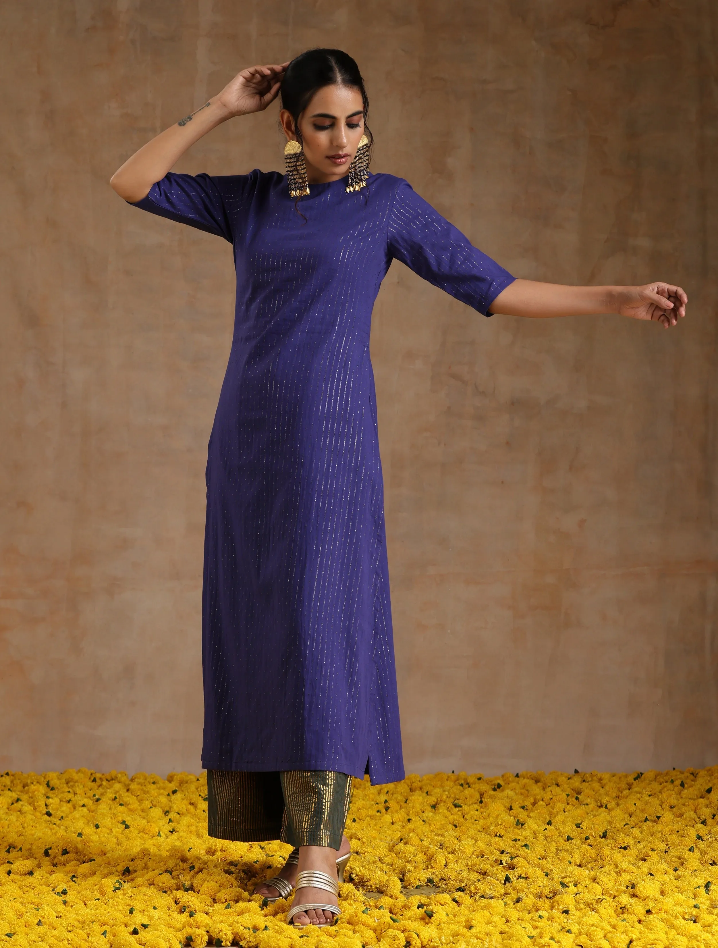 Spectrum Blue Gold Cotton High Slit Kurta Set