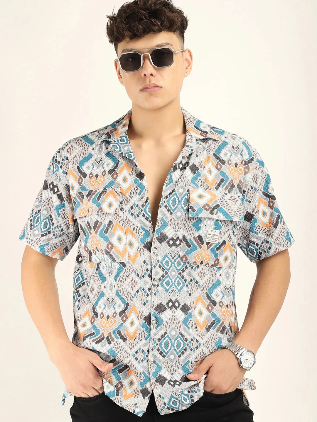 Teal Bubble Print Half Sleeve Shirt