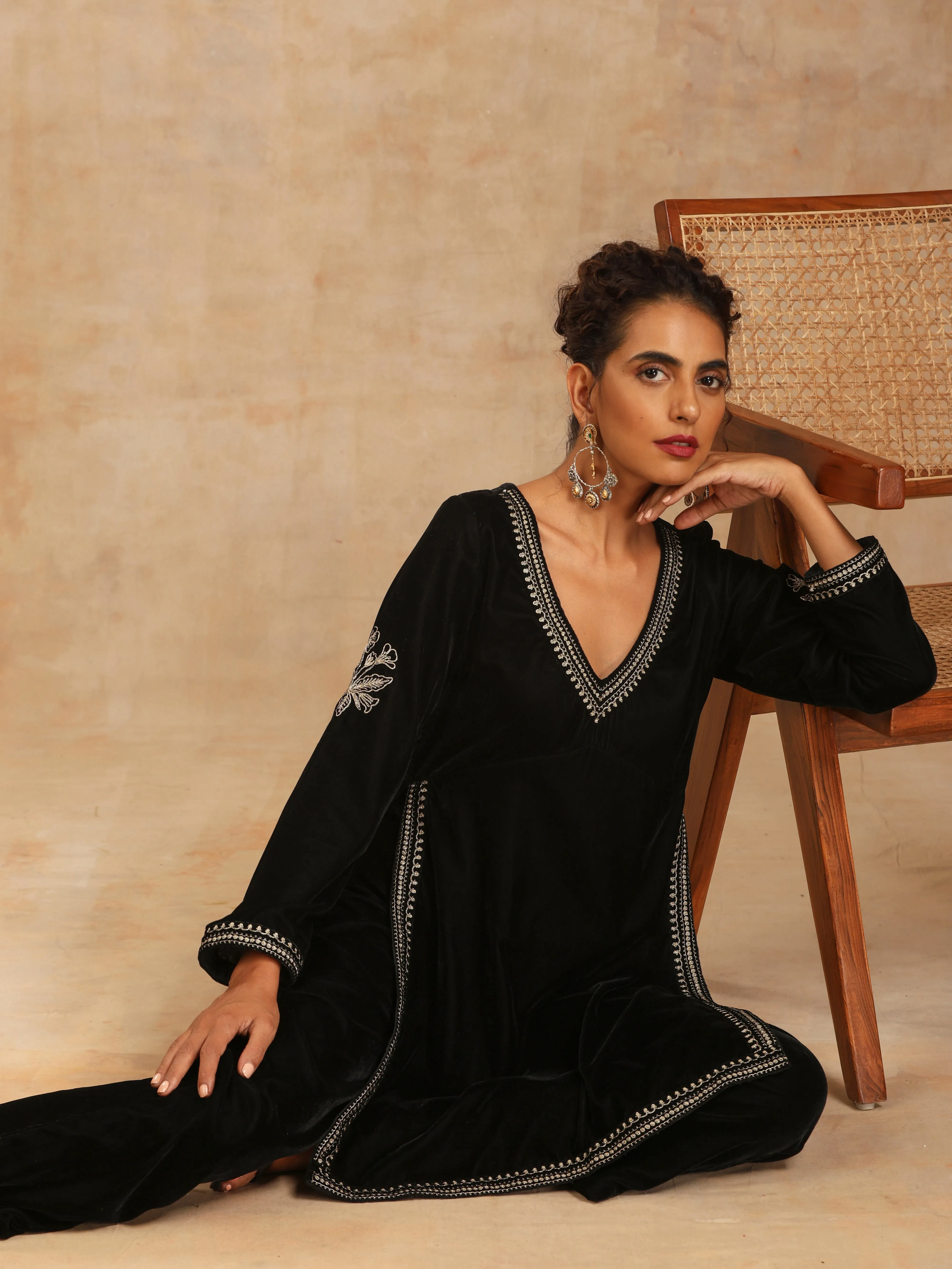 trueBrowns Black Velvet Embroidered Co-ord Set