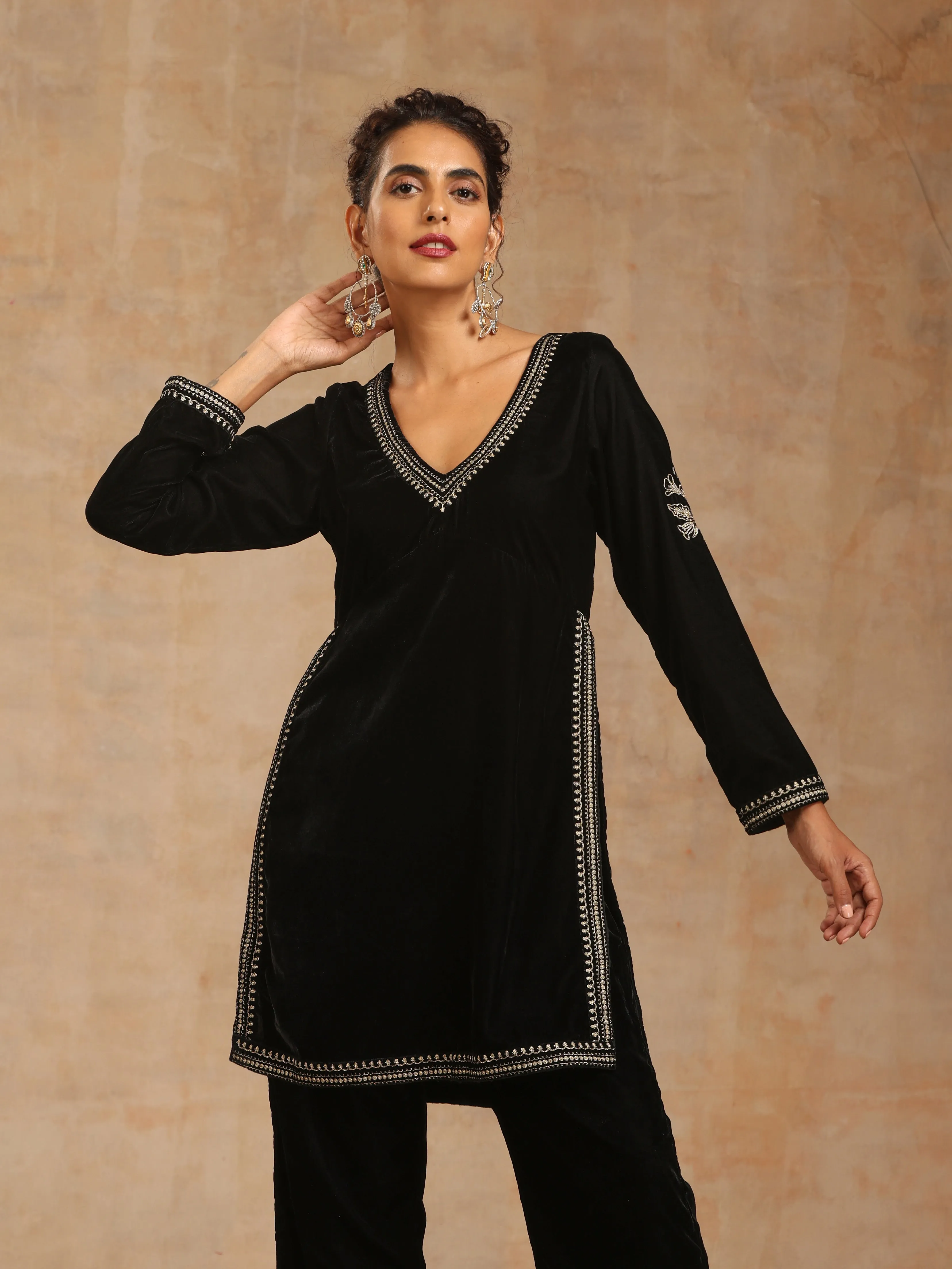trueBrowns Black Velvet Embroidered Co-ord Set