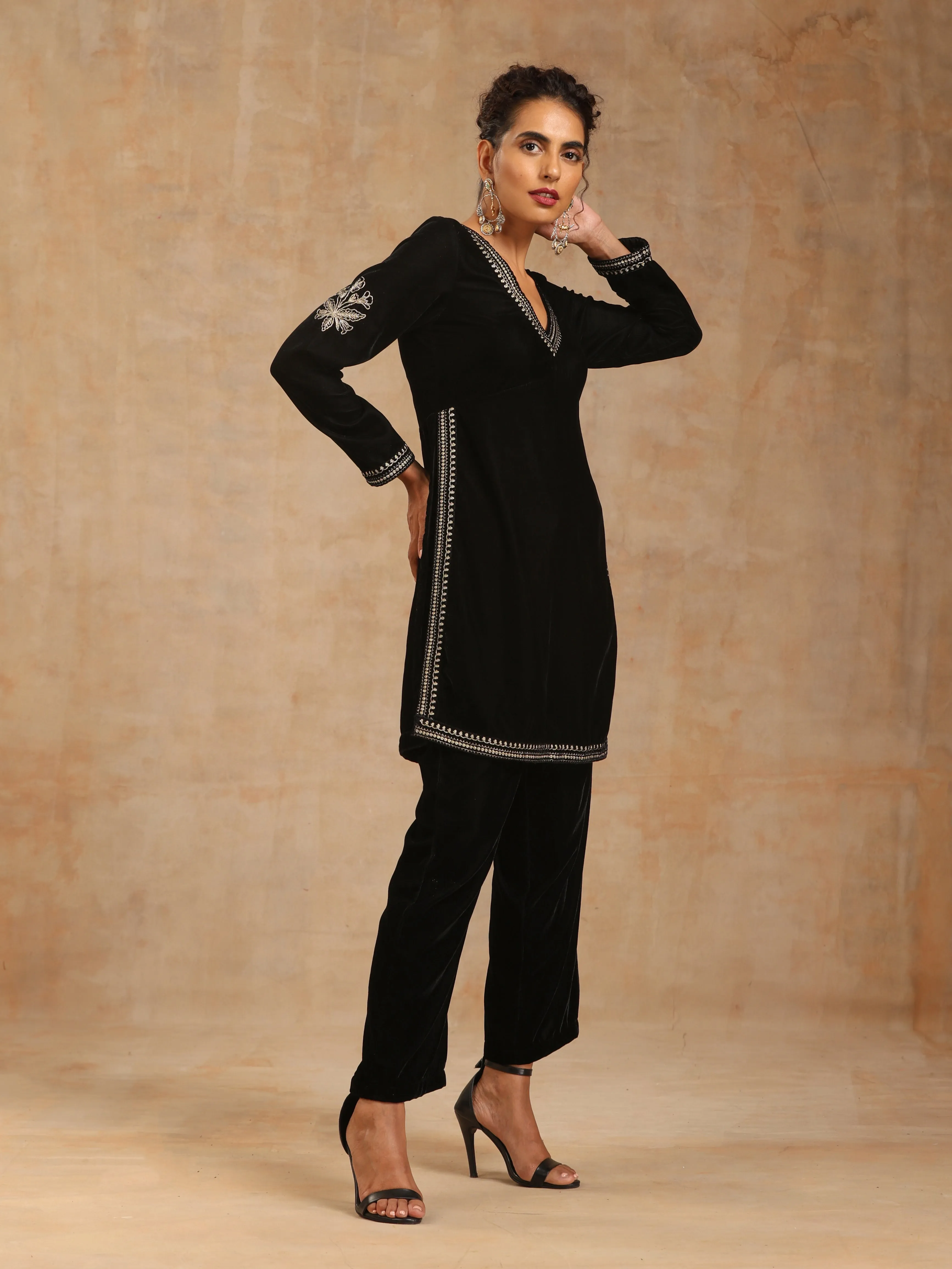 trueBrowns Black Velvet Embroidered Co-ord Set